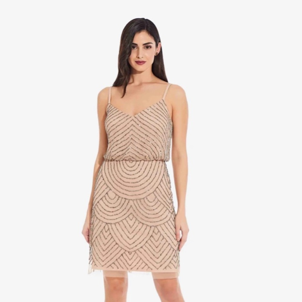Adriana Papell sequin blouson dress in Taupe Pink